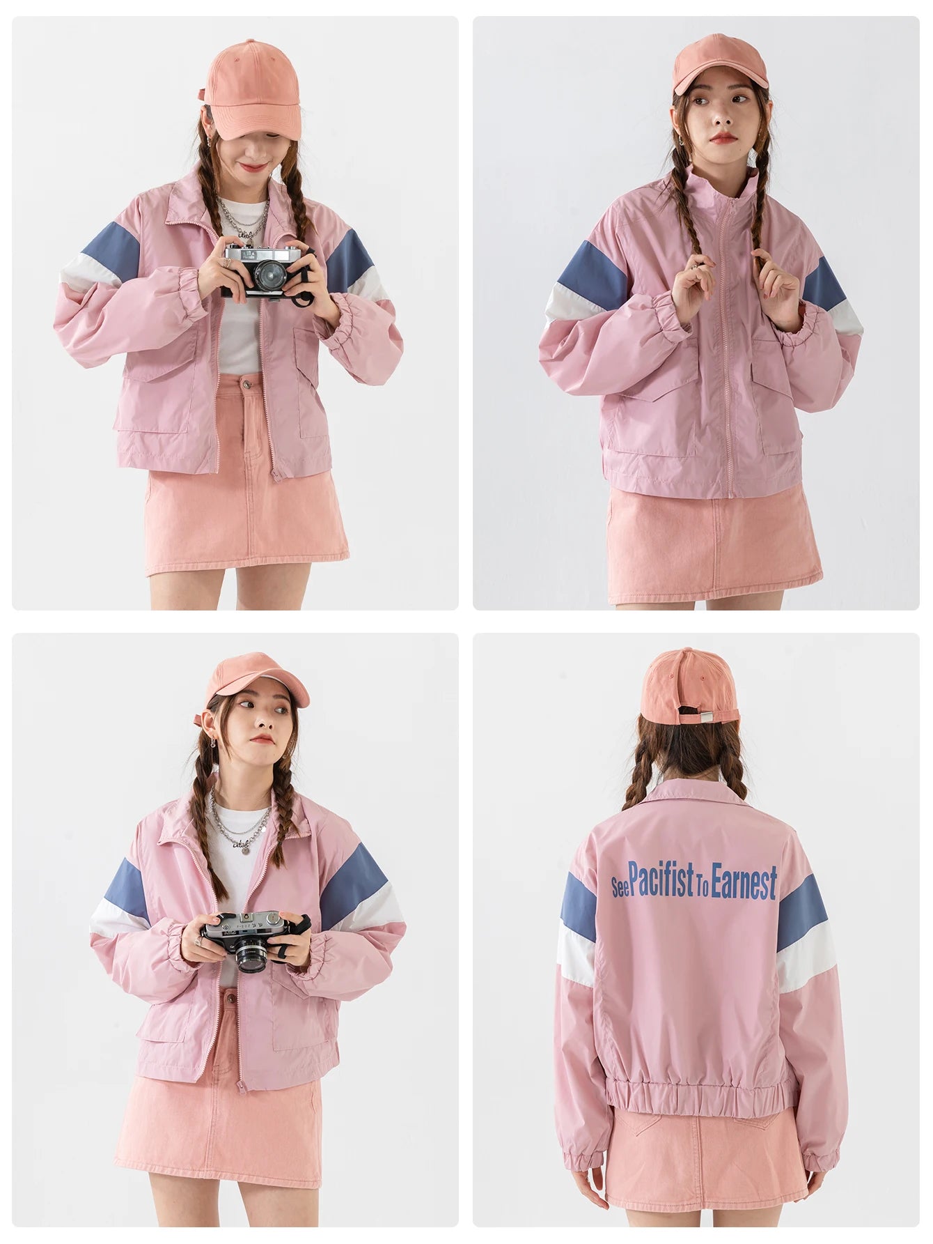 Women's Casual Jacket Color Block Windbreaker Coat Cropped junior Boomber Jacket Long Sleeves Patchwork Outerwear