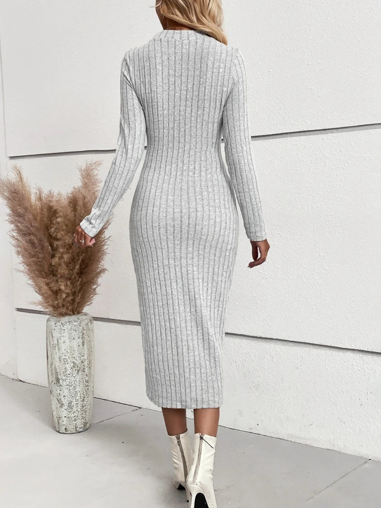 2025 Winter Women O-neck Long Sleeve Knitted Long Dress Autumn Elegant Casual Solid Color Dresses Slim Fit Sexy Clothing