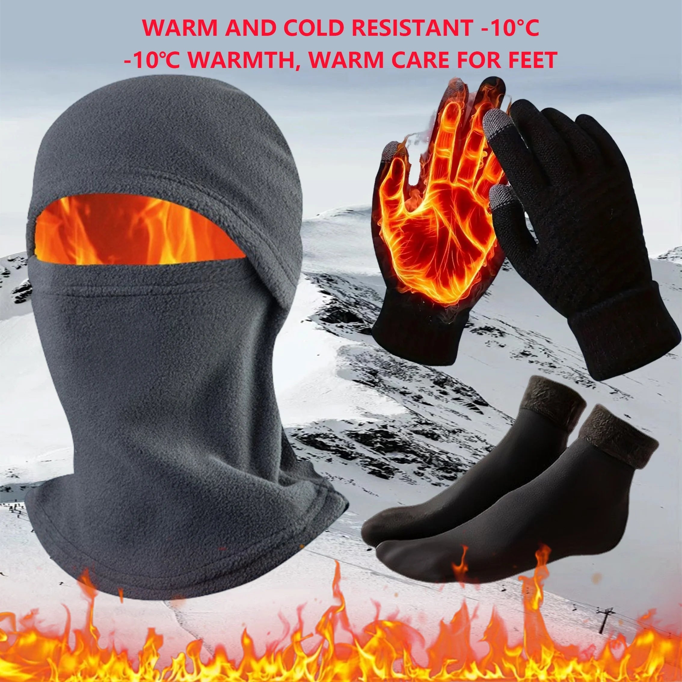3-Piece Winter Accessories Set Warm Polyester Helmet Pads with Windproof Balaclava Touch Gloves and Thick Socks