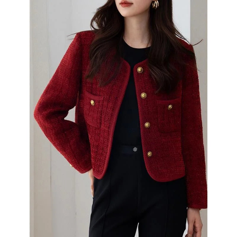 Wine red Coat Women Xiaoxiangfeng Jacket  Autumn and Winter New Short Jackets Elegant Women's Top