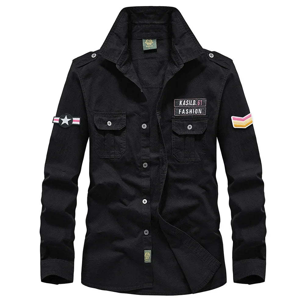 2023 Spring Shirts Men Long Sleeve Casual 100% Cotton High Quality Camisa Military Shirts Fashion Brand Clothing Black Blouse