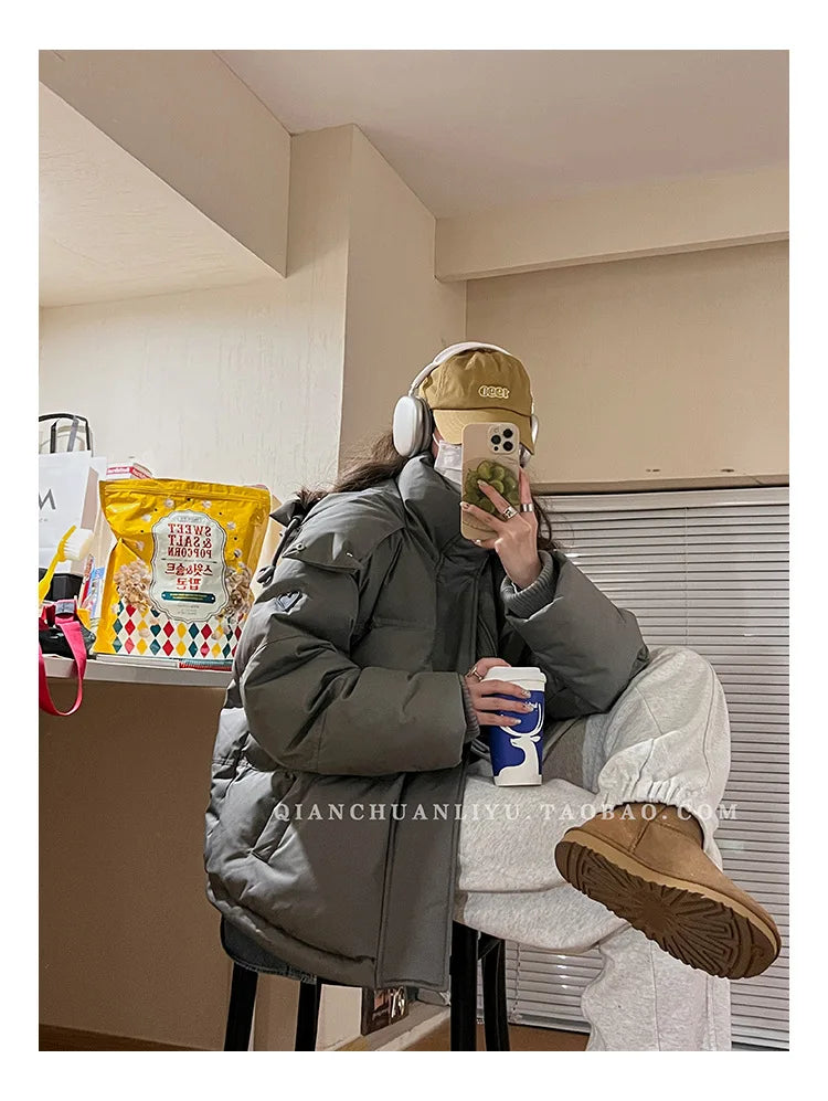 Women's Down Cotton Jacket Hooded Coat Winter Cotton Comfortable Thick Warm Love Embroidery Loose Jacket Snow Coat Clothing