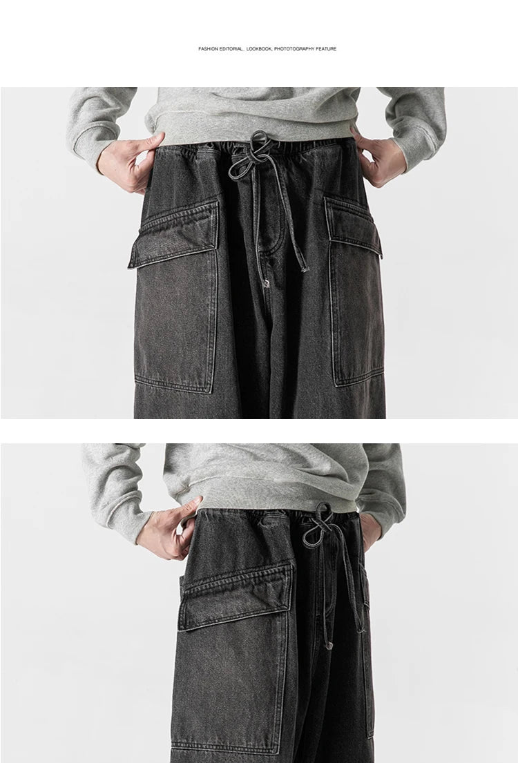 2023 Men Straight Denim Pants Men Blue Jeans Loose Trousers Male Causal Oversize Wide Leg Pants Elastic Waist Black Jeans