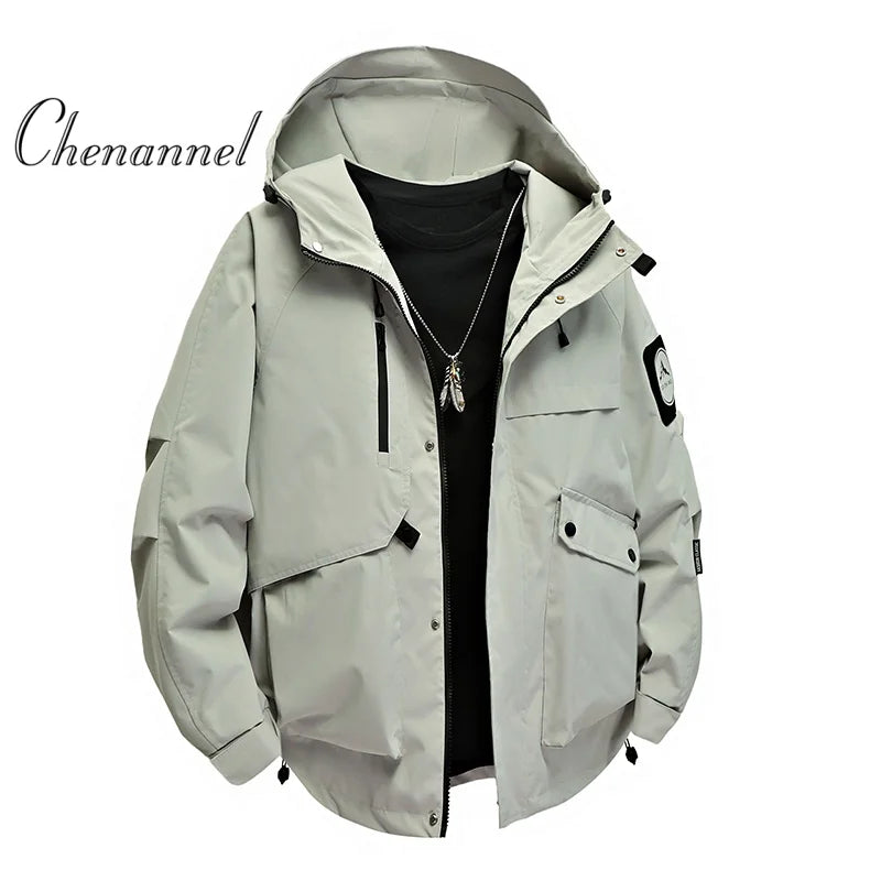 Men's workwear down jacket, American color-blocked hooded jacket for autumn and winter, cool and casual coat for teenagers