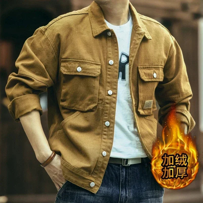 High end work jacket, men's spring and autumn trendy brand, loose American retro lapel jacket, casual and handsome denim jacket