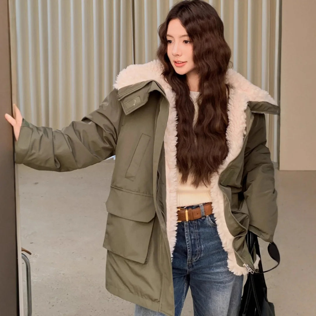 Women Parkas Short Coats Jackets Turn Down Collar Thick Warm Y2k Streetwear Elegant Jacket Work Coat Autumn Winter 2025