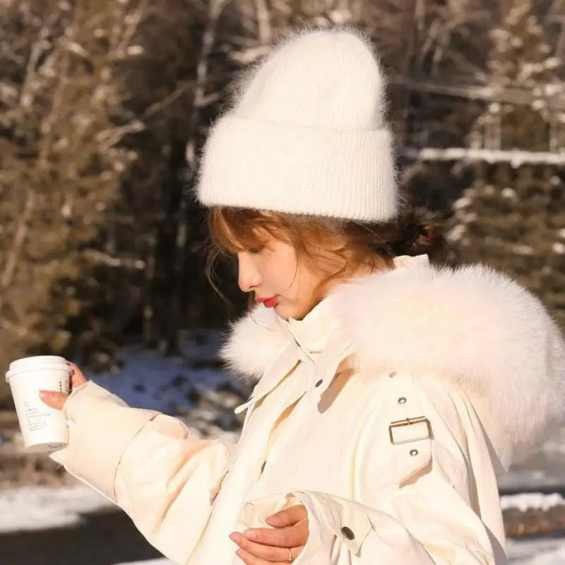 Winter Hats For Women Rabbit Fur Knitted Beanies Curled Thickened Keep Warm Bonnet Baggy Cap Female Soft Beanie Ski Cap