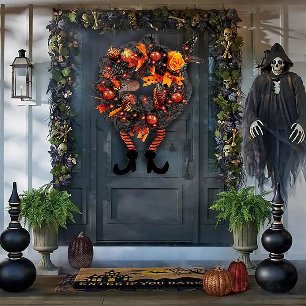 Halloween Wreath With LED Lights for Home Party Door Hanging Garland Witch Skull Haunted Faux Maple Pumpkin Horror Decorations