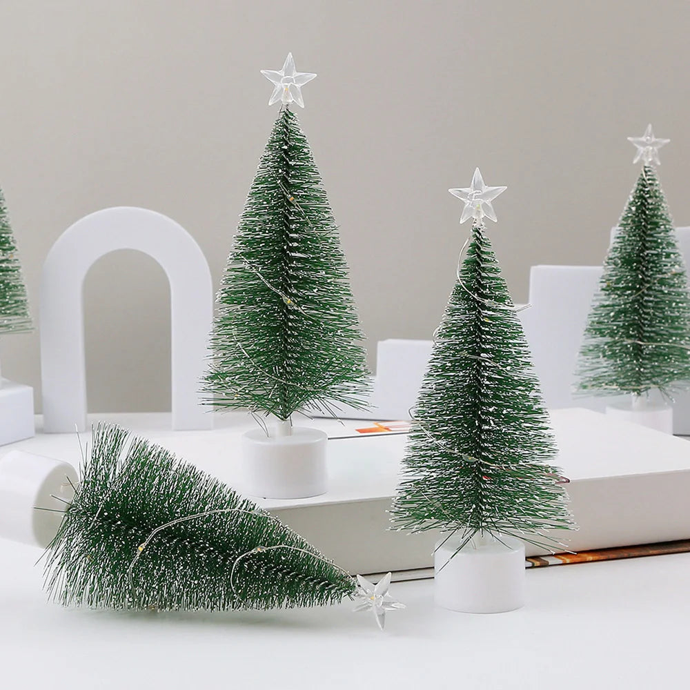 Mini Christmas Trees with LED Light Decor Tabletop Crafting DIY Christmas Gift Green Brush Trees Winter Ornaments
