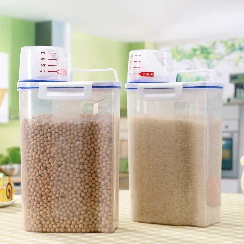 Kitchen grain storage box, household kitchen transparent plastic PP food container,rice and flour storage box with measuring cup