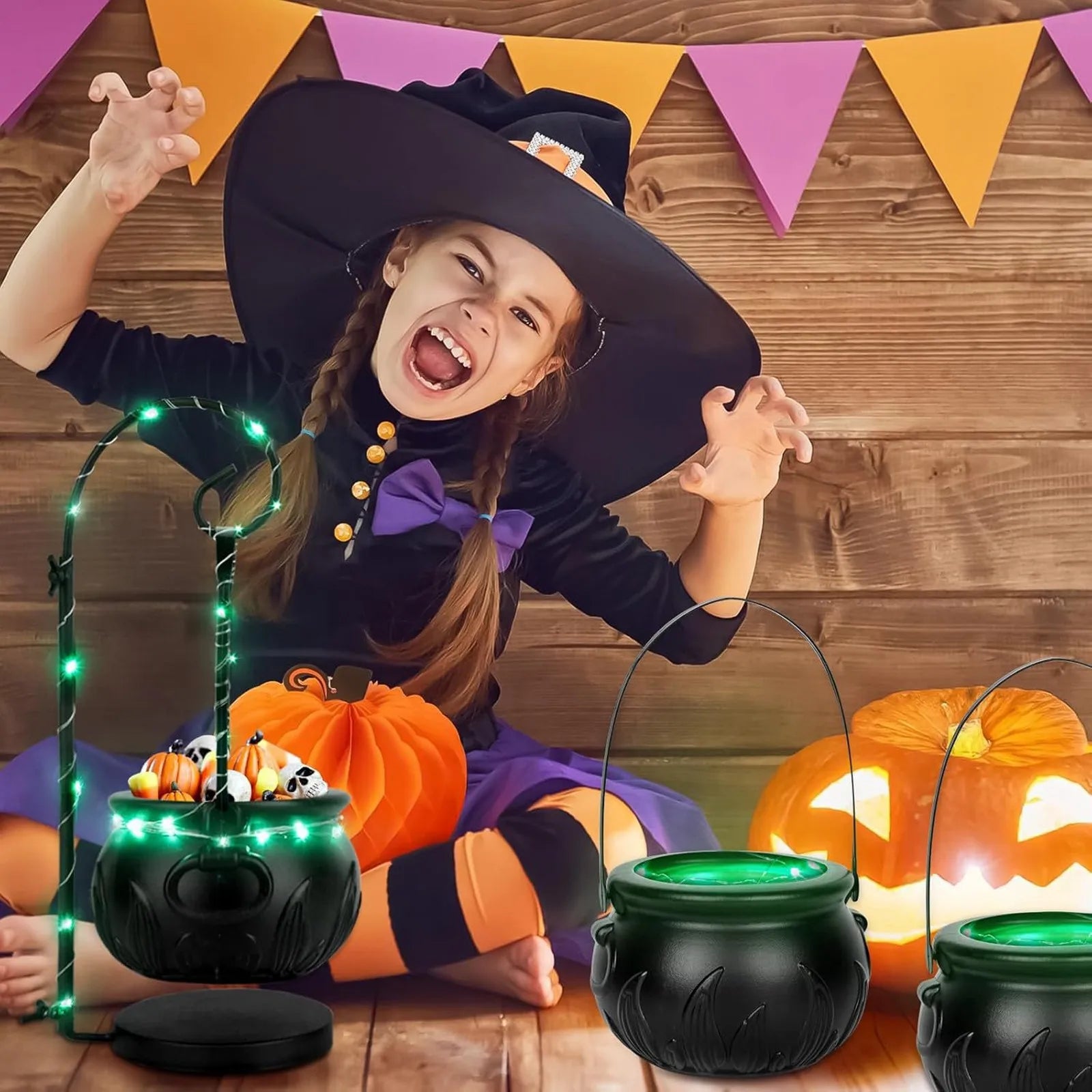 Halloween Decoration Hanging Witch With Light Pot Mist Home Decor Witch Pot Plastic Bowl Decoration Candy Bucket Decoration