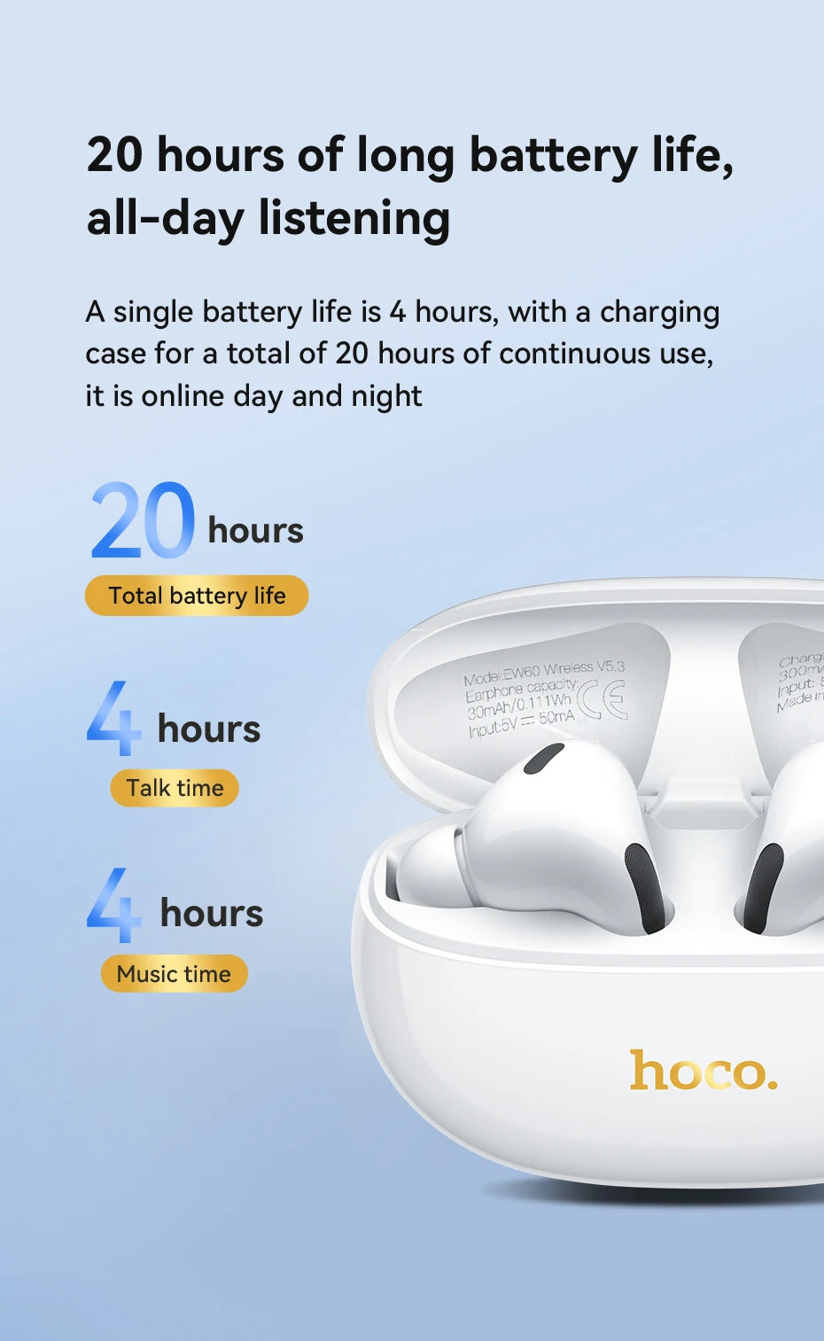 HOCO EW60 Wireless Bluetooth Headphones Tws Waterproof Earbuds Earphones HD Mic with touch Control Earbuds For Smartphones