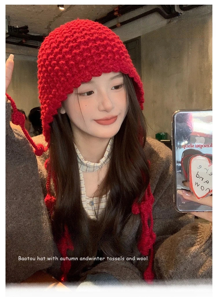 Winter Fashion Handwoven Tassel Hat Ladies Fashion All Kinds of Warm Bag Head Hat