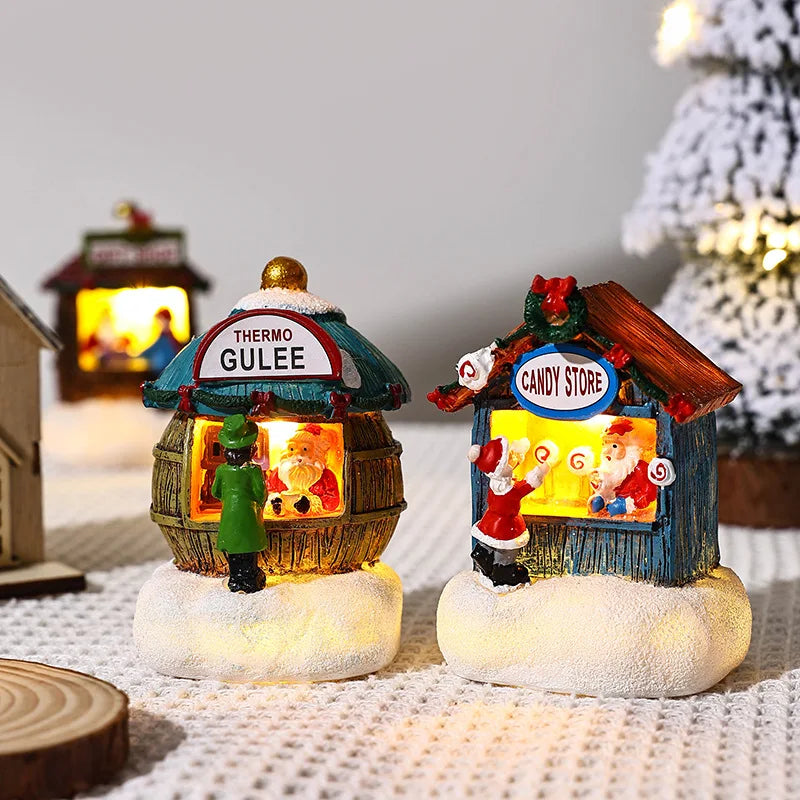 Christmas Decorations Resin Miniature LED Lights Small House Landscape Santa Claus Christmas Figurines Home Table Decor Items