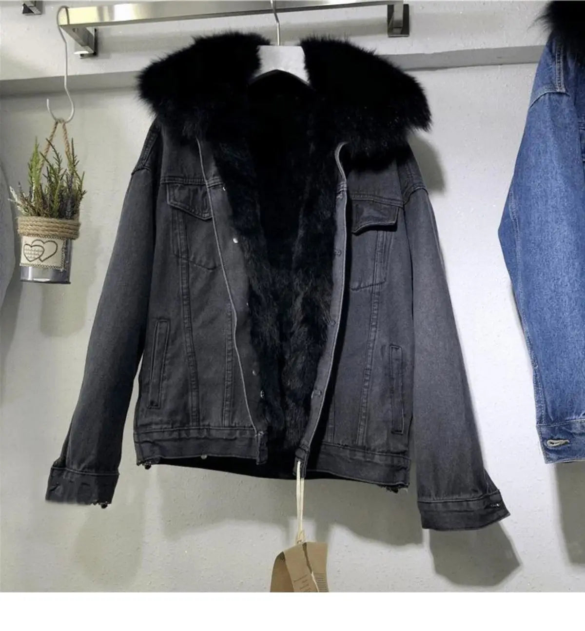 Winter Warm Coats for Women Big Fur Collar Denim Jacket Basic Coat Female Cold Motorcycle Outerwear Fleece Thick Padded Overcoat