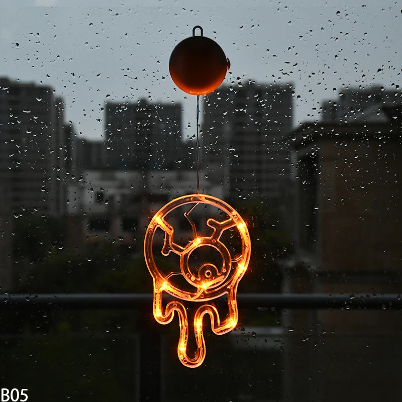 Halloween Orange Window Light Orange Pumpkin Ghost Witch Hat Design LED Sucker Lamp Bar Home Party Hanging Decor Without Battery