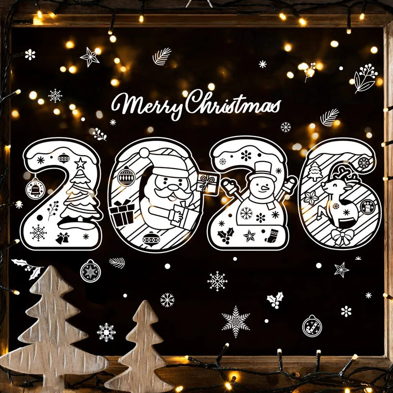 Christmas Glass Stickers Wooden House Pine Nut Sticker Glass Wall Decor Merry Christmas 2025 Stickers Happy New Year 2026
