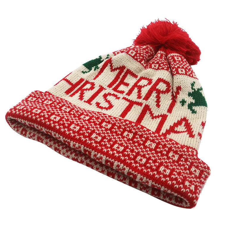 Winter Fashion Christmas Hat Santa Claus Hairball Hat Jacquard Knitted Christmas Hat Warm Ear Protector Wool Hat
