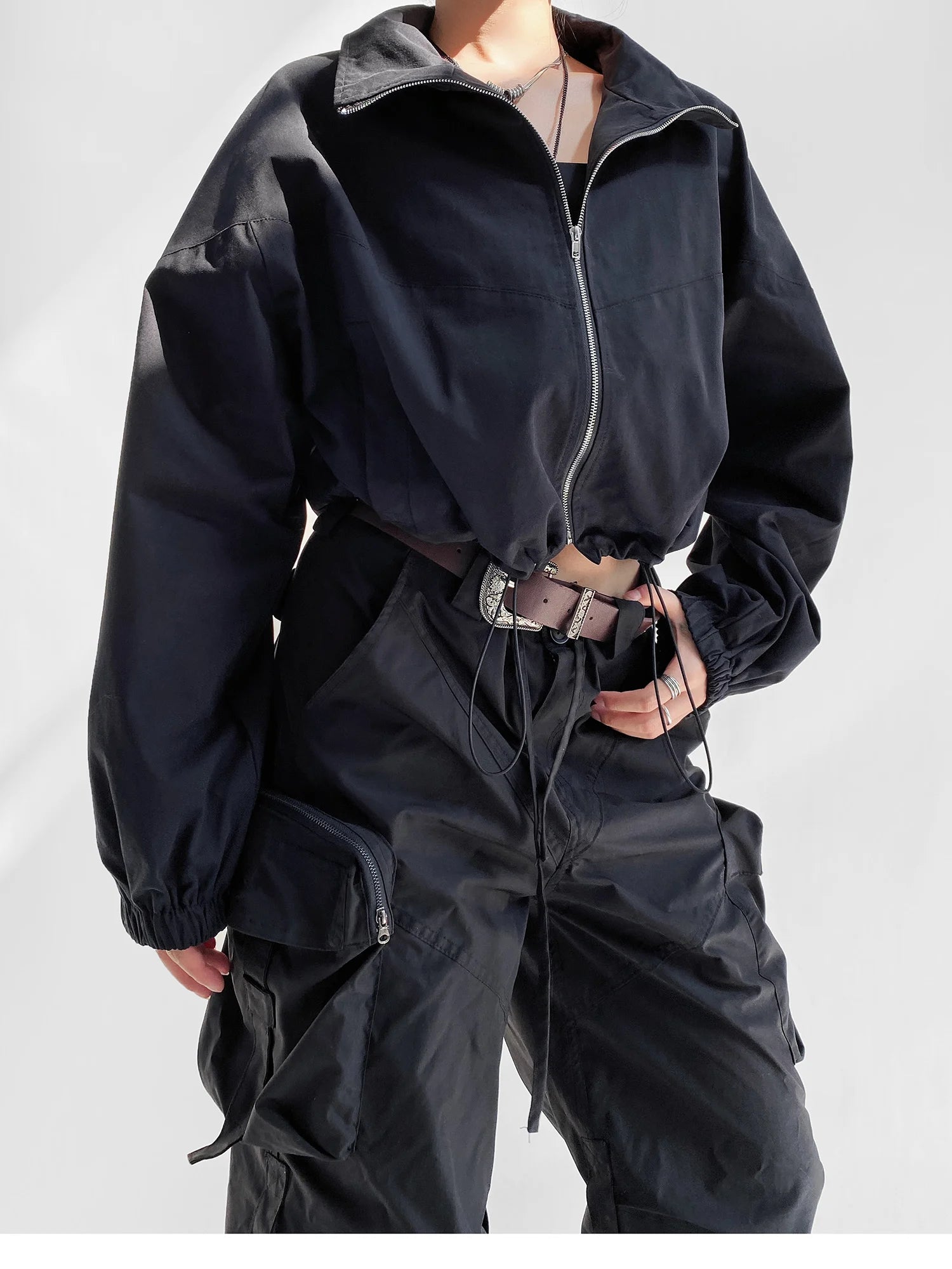 Women's Cropped Utility Jacket - Drop Shoulder Drawstring Hem Ribbed Cuffs Lightweight Cotton