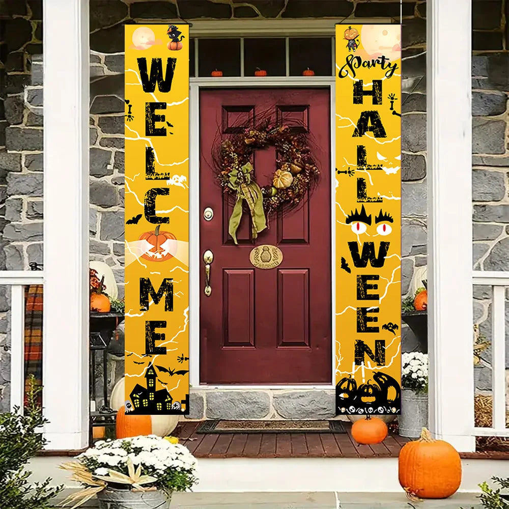 Halloween Couplet Horror Theme Festival Carnival Party Decoration Polyester Backdrops Pumpkin Skeleton Pattern Door Curtain