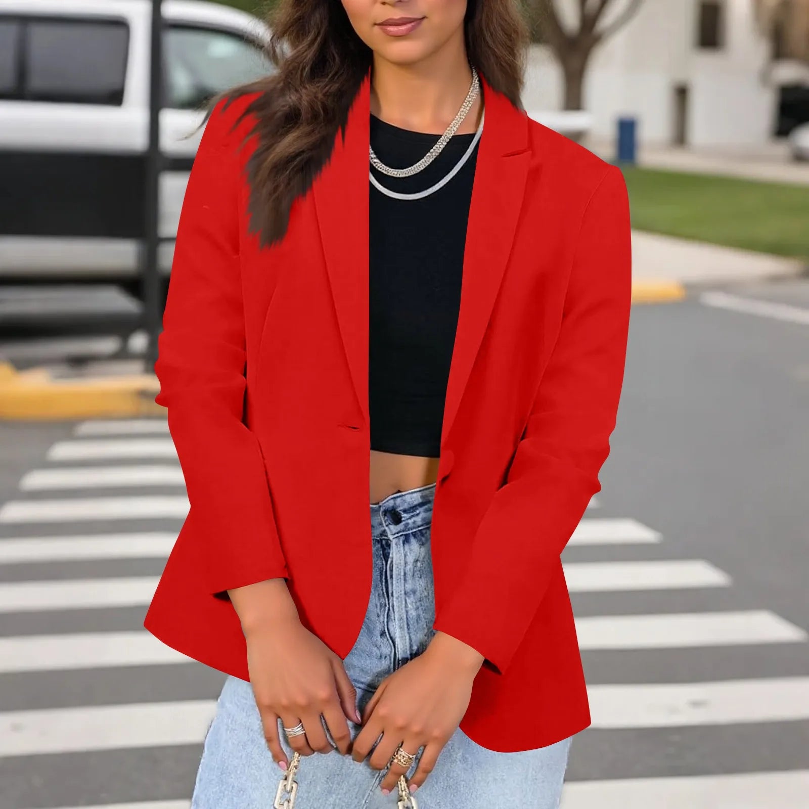 Casual Suit Jacket for Women Fashion Solid Color Long-sleeved Suit Collar Blazer Business Casual Single-button Cardigan Jacket
