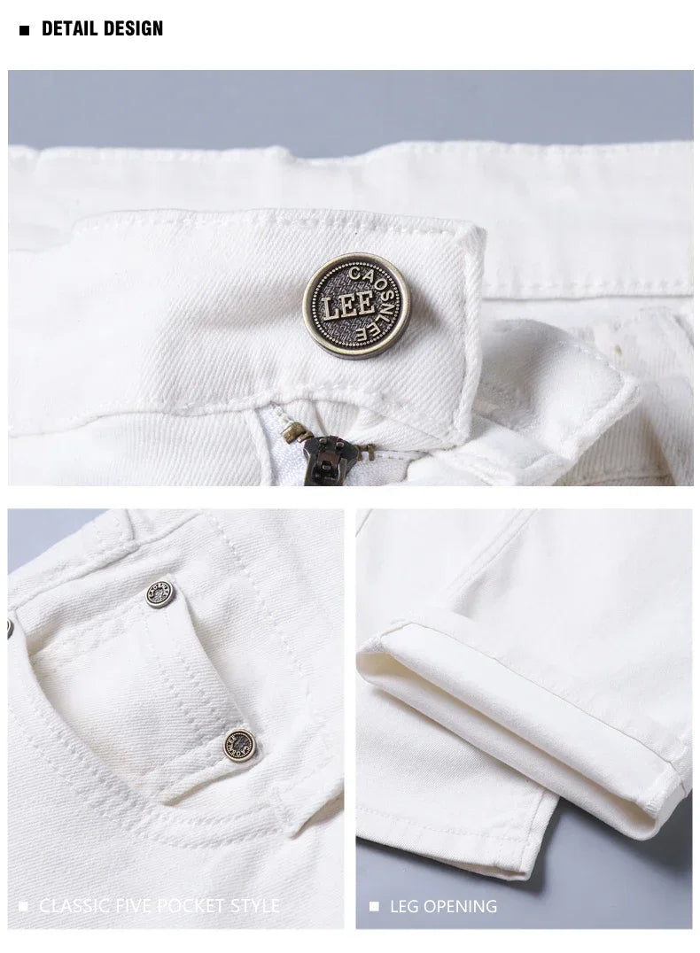 Men's Jeans Pure White Fashion Elastic Slim Youth Slimming Straight Leg Male Pants Business Casual Middle Age High End Trousers
