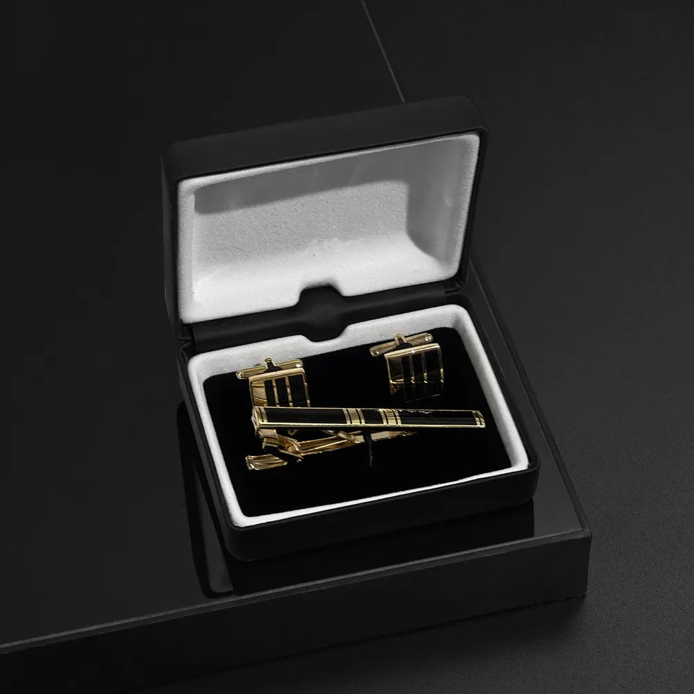 Men's Business Tie Clip Cufflink Set High End Enamel Checkered Black Gold French Shirt Sleeve Nails Decorative Accessories