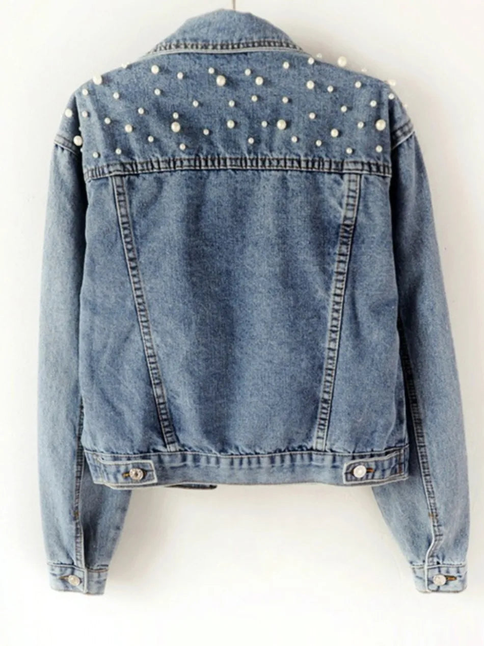 Cowboy Jacket Women's Denim Jacket Spring  Autumn New in Commuting Style Bead Fashion Casual Loose Regular Short Jacket