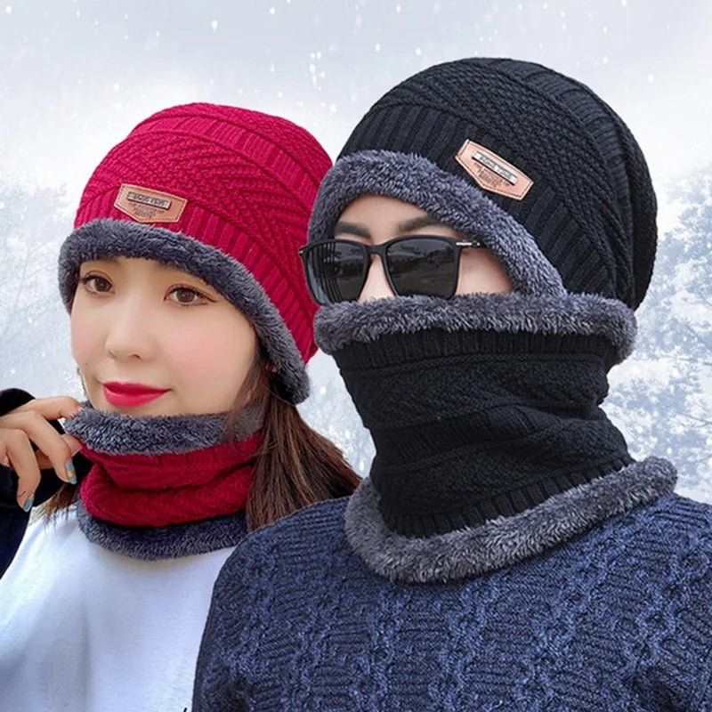 Winter Hat For Men Fleece Scarf Women Neck Leather Knitted Cap Thick Wool Neck Warmer Balaclava Ski Mask Skullies Beanies