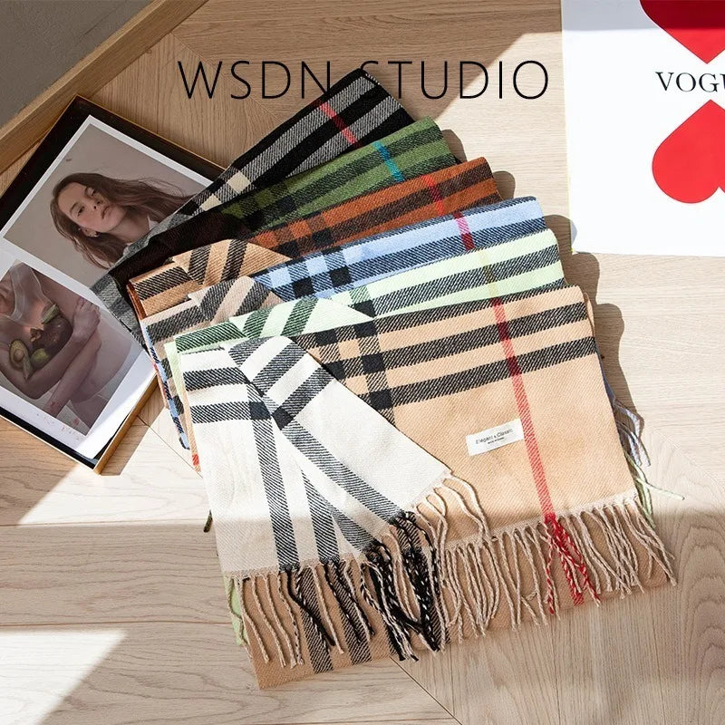 Autumn and Winter New Arrival Tassel Long Scarf Striped Fashion Cowl Neck Warm Fuzzy Color Block Wrap