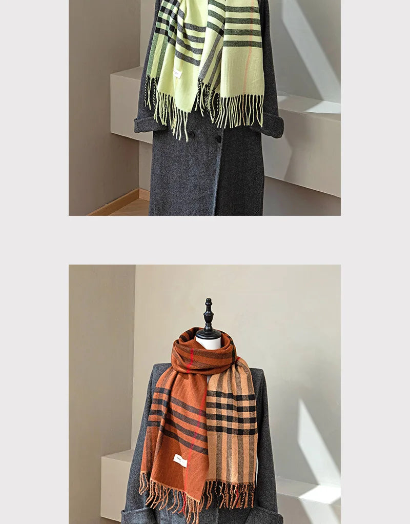 Autumn and Winter New Arrival Tassel Long Scarf Striped Fashion Cowl Neck Warm Fuzzy Color Block Wrap