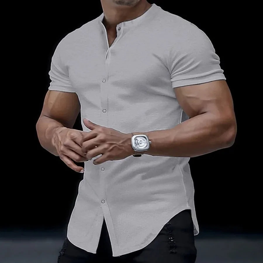 2025 Men's Summer Stand Collar Short Sleeve Shirts Solid Slim Fit Casual Cardigan Versatile T-shirts Social Blouses for Men Tops