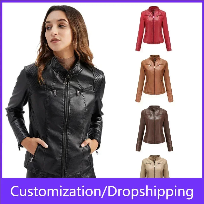 Women's Jackets Motorcycle Biker Coats Female Clothing Spring Autumn Winter Ladies Fashion PU Leather Outwear Tops with Pocket
