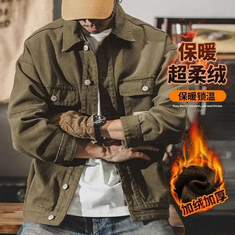 High end work jacket, men's spring and autumn trendy brand, loose American retro lapel jacket, casual and handsome denim jacket