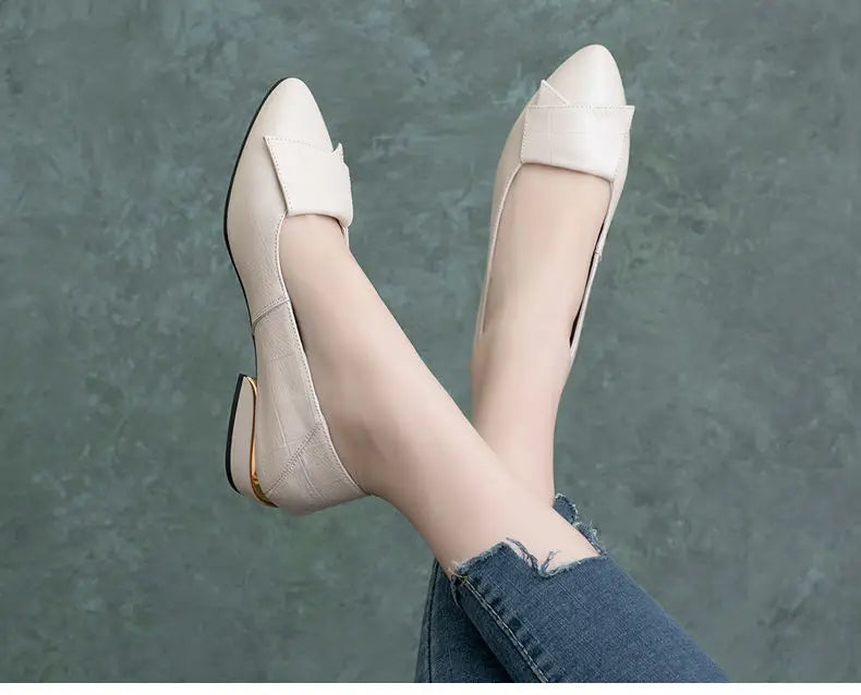 Shoe Women's 2024 New Spring and Autumn Shallow Cut Thick Heel Pointed Toe Women's Shoes Soft Leather Soft Sole Shoes Work Shoes