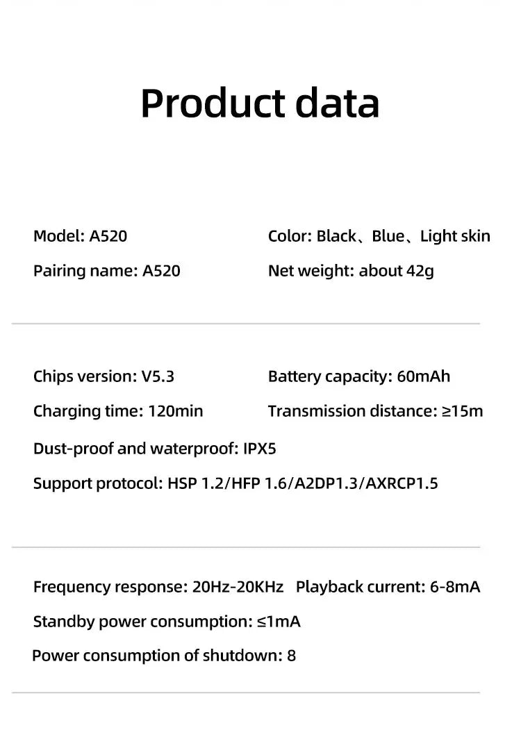 A520 Wireless Bluetooth Headset High Quality Earplugs Anti-Sweat Touch Light Mini  HD Sound Quality Stereo Universal Headset