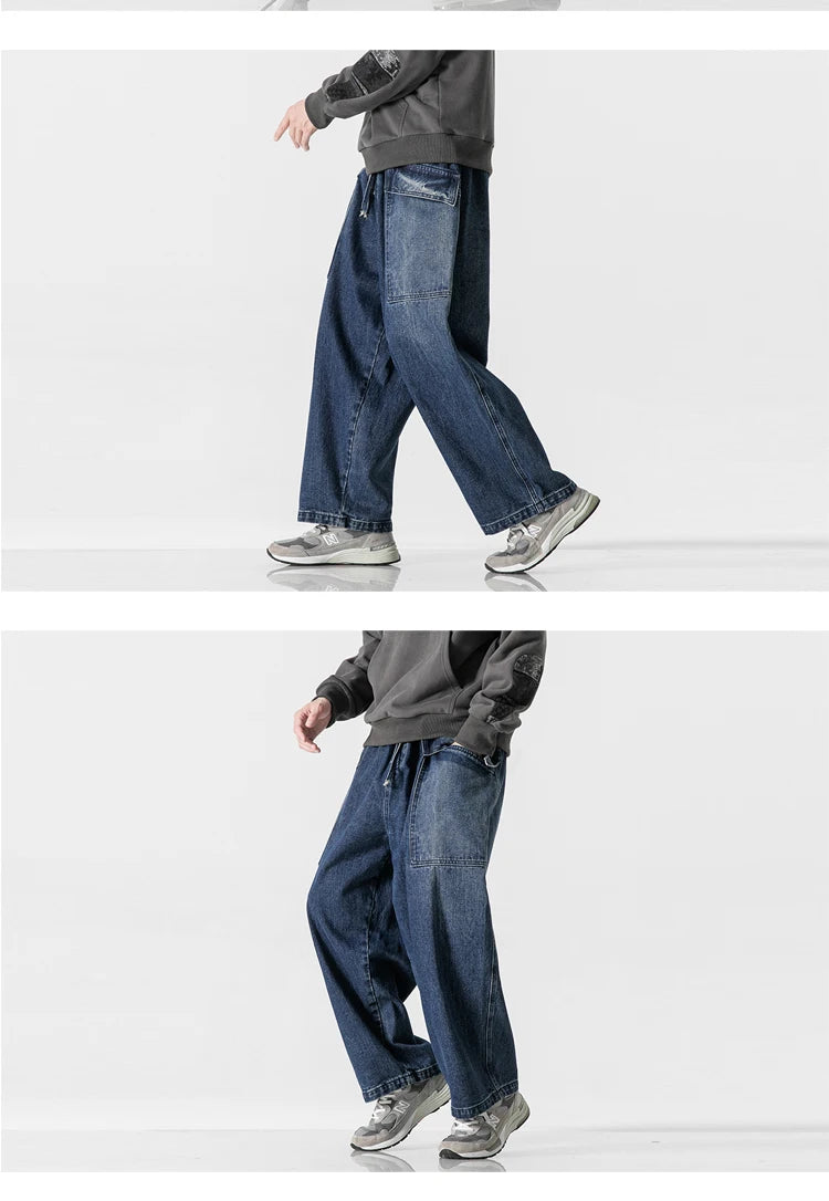 2023 Men Straight Denim Pants Men Blue Jeans Loose Trousers Male Causal Oversize Wide Leg Pants Elastic Waist Black Jeans
