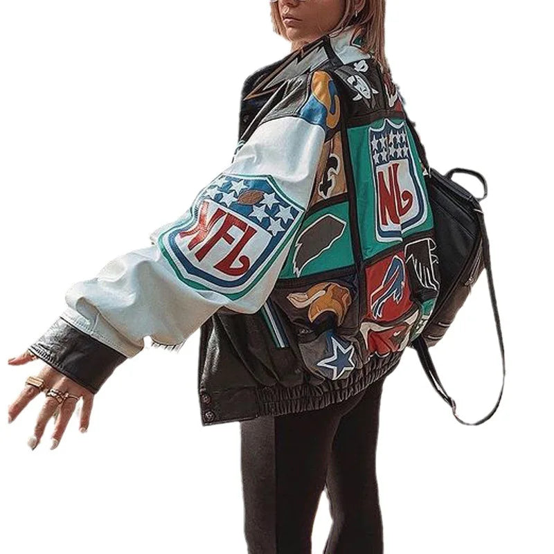 New Women's Baseball Jacket Spring Autumn Fashion Long Sleeve Motorcycle Jacket Female Y2k Printed Casual Loose Outerwear Coat