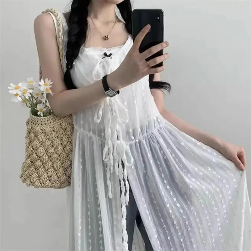Embroidered Dress for Women in Summer Thin Lace up Layered Vest Long Cover Skirt