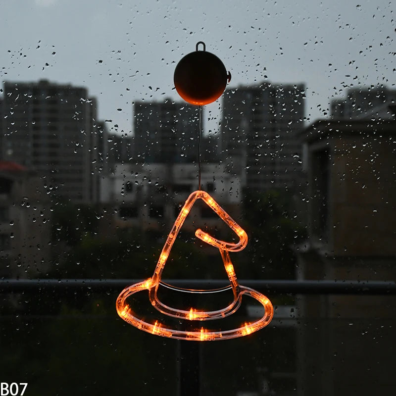 Halloween Orange Window Light Orange Pumpkin Ghost Witch Hat Design LED Sucker Lamp Bar Home Party Hanging Decor Without Battery