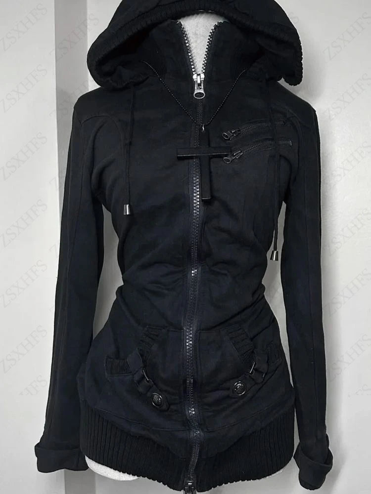 Women Black Punk Jacket Slim Casual Bomber Coat Lapel Zipper Long Sleeve Hoodie Vintage Lady Motorcycle Outwears Hip hop Jacket