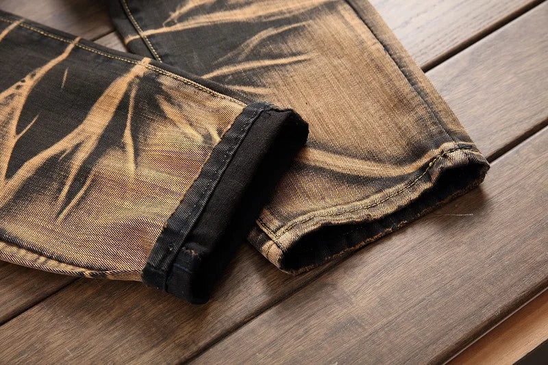 2025 Men's Fashion Vintage Jeans Slim Straight Leg Tie Dye Pleated Biker Denim Pants Male Casual Pants Oversized 42 High Quality