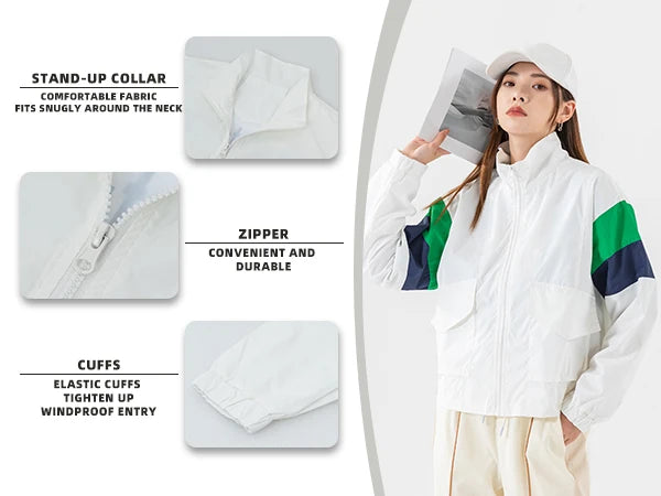 Women's Casual Jacket Color Block Windbreaker Coat Cropped junior Boomber Jacket Long Sleeves Patchwork Outerwear