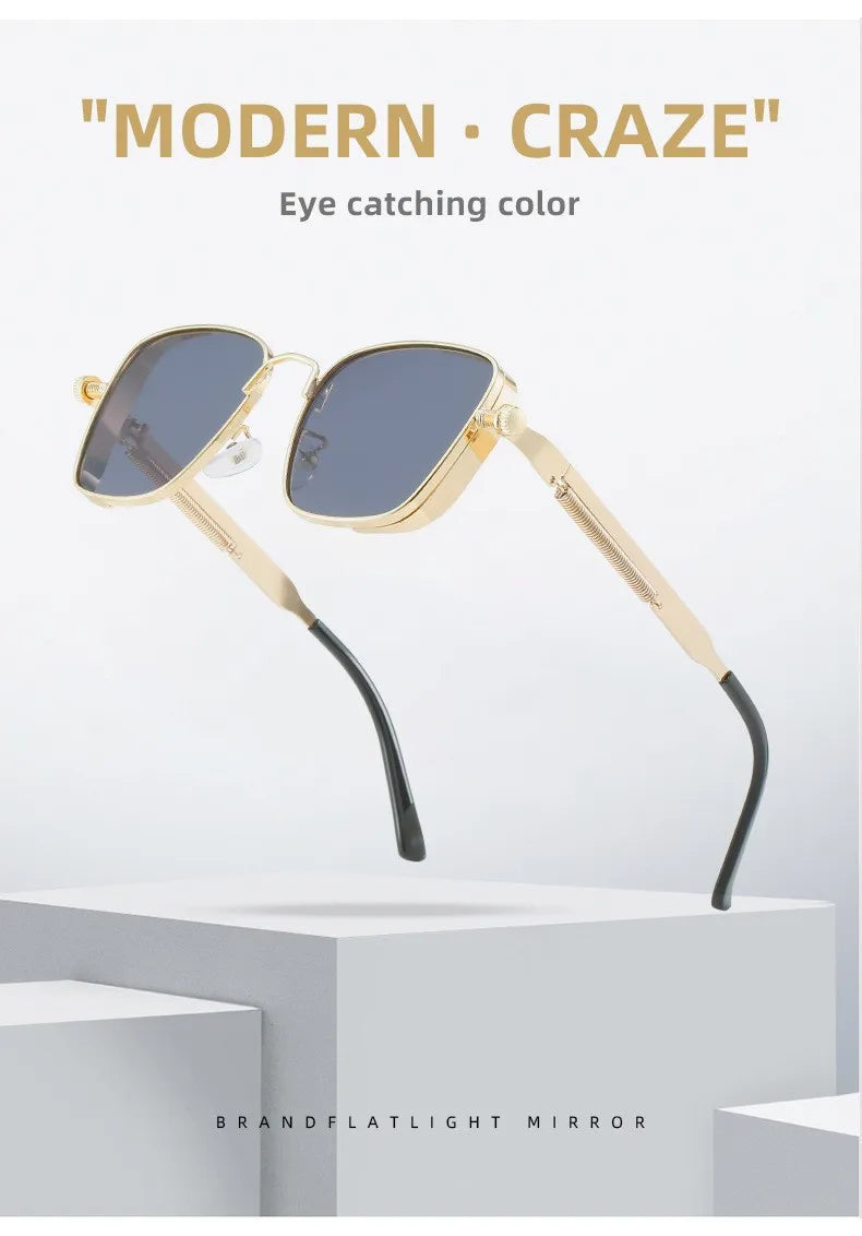 Men Driving Sunglasses Vintage Steampunk Square Sunglasses Metal Frame with Spring Hinges Women Eyepiece Trendy Driver Glasses