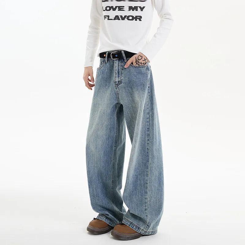 Men's Denim Pants hip hop jean Classic Blue Washed Male Jeans Straight Casual Menwear Loose Wide Leg Trousers 2025 New Fashion