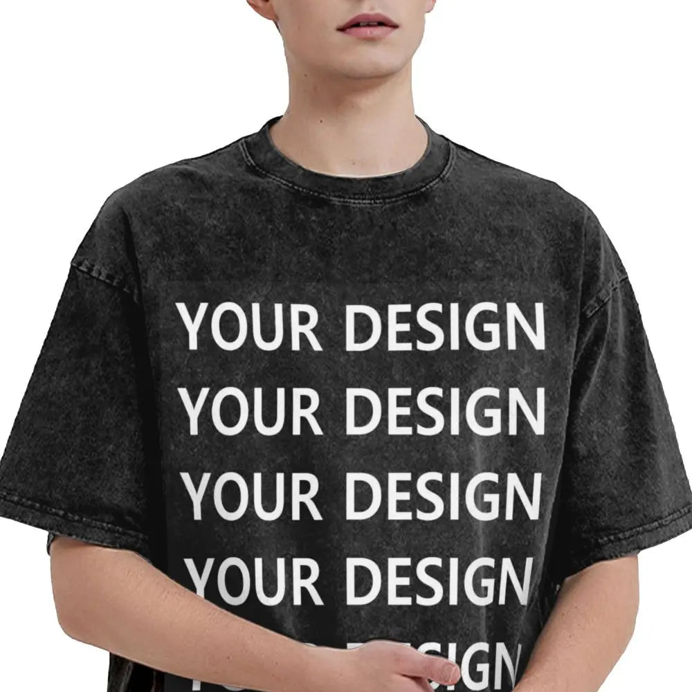 Men's T Shirt Add Design Washed T Shirts Hippie Custom DIY Made Your Image Beach Tee Shirt Y2K Retro Loose Cotton Tops Present