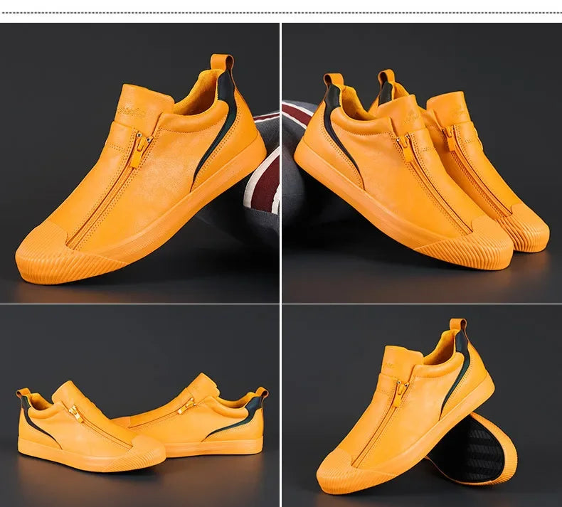 2024 New Autumn Men's Trendy Sports Shoes Leather Soft Sole High Top Men's Shoes One Step Zipper Leather Shoes Size 38-44