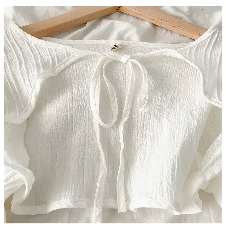 Women's Jackets Chic Folds Designer Summer Lace-up Crop Jacket Vintage Fashion Temper Sweet Girlish Long Sleeve Sun-proof Coat