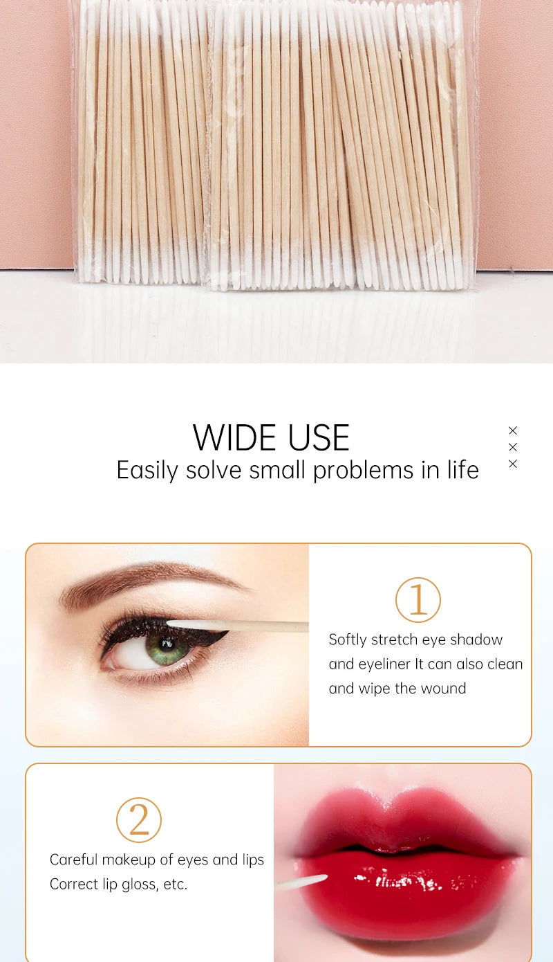 Disposable Ultra-small Double-end Wood Cotton  Swab 100pcs Lint Free Micro Brushes Eyelash Extension Glue Removing Tools