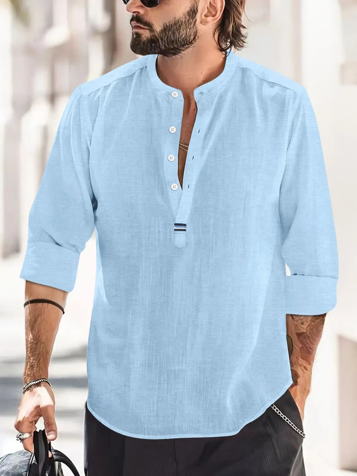 New Cotton Linen Shirts for Men Casual Shirts Solid color Lightweight Long Sleeve Henley Beach Shirts Hawaiian Men T-Shirts Tops